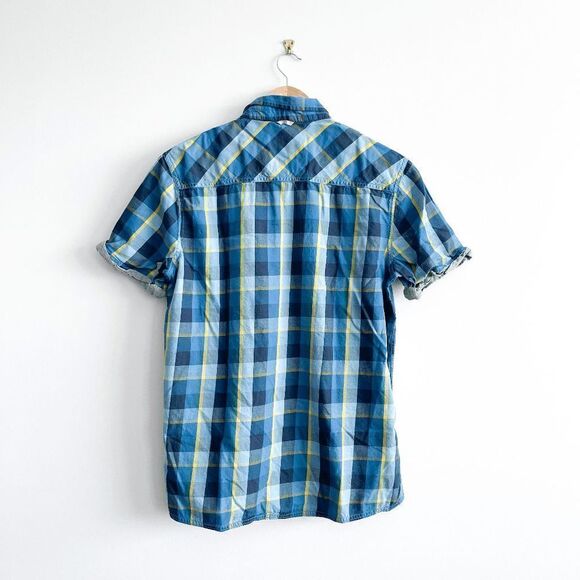 Bench Mens Casual Shirt Button Down Short Sleeve Plaid Blue Size Large - Picture 2 of 7